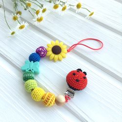 Wooden crochet pacifier clip rainbow ladybug dummy clip chain for baby girl - baby shower gift