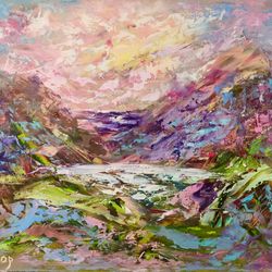 Lake Island Sea Sunset Original Art Oil Painting Abstract Artist Svinar Oksana