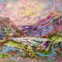 lake island sea sunset original art oil painting abstract artist svinar oksana
