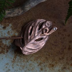 Shawl pin with real monstera leaf, Moonstone pin, Fifula, Cardigan brooch