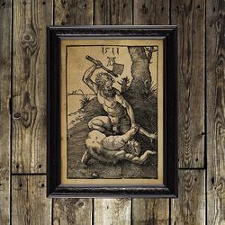 Cain kills Abel with an ax. Albrecht Durer artwork. Bible art print. Religious gift. 371.