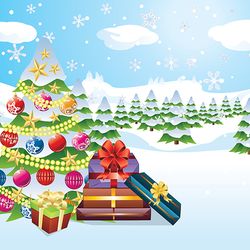 Cartoon Christmas tree with decorations and gifts on winter background