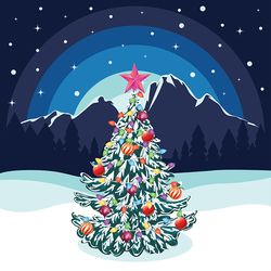 Cartoon evergreen tree with Christmas decorations in the forest, greeting card design