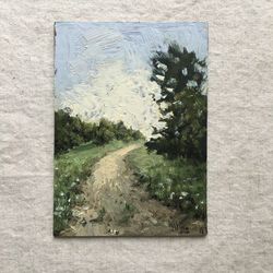 Original painting Landscape miniature Nature Painting Minimalist oil painting Path Small paintings on canvas