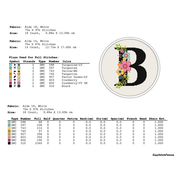 Letter B. Floral Letter cross stitch pattern. Monogram | Inspire Uplift