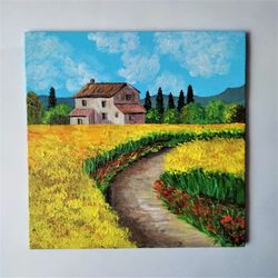 Provence landscape painting, Tuscany original art wall decor, Landscape field of flowers artwork