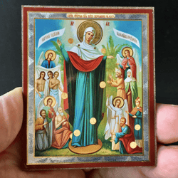 Joy of All Who Sorrow Mother of God | Gold and Silver Foiled Mounted on Wood | Size:2,5" x 3,5"