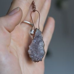 raw quartz druzy necklace, witchy wedding pendant, crystal jewelry