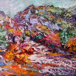 Trees Mountains Path Trail Original Art Oil Painting Abstract Artist Svinar Oksana