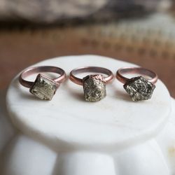 Pyrite ring, Electroformed copper ring, Crystal ring