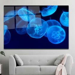 Jellyfish Tempered Glass Wall Art, Blue Sea Wall Decor, Panoramic Poster, Canvas Printing, Animal Wall Decor, Home Decor
