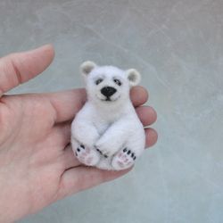 White polar bear pin Needle felted arctic bear brooch for women Wool replica animal jewelry Handmade animal jewelry