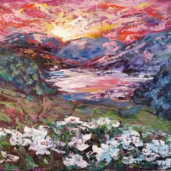 lake island flowers sunset mountains original art oil painting impasto artist svinar oksana