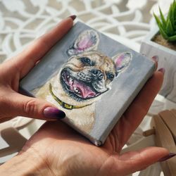 Miniature Dog portrait custom painting from photo. dog portrait illustration. Mimi canvas painting. French bulldog gifts