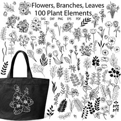 Hand Drawn Flowers Leaves Svg Bundle, Botanical Clipart, Wildflower SVG, Flower Doodle Vectors,  Floral Line Art