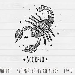 Scorpio Outline SVG, Scorpio clip art, Outline, SVG File, hand drawn, PNG, Digital Download,Scorpio zodiac sign