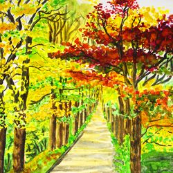 alley with red and yellow trees, autumn painting