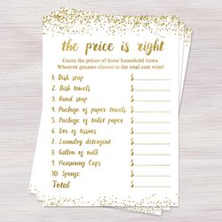 The price is right, Funny Bridal Shower games, Gold confetti Bridal Shower ideas, Bachelorette party game