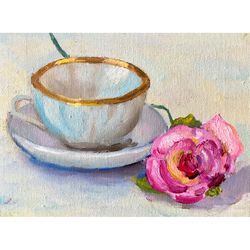 Teacup Painting Original Oil Canvas Cup and Rose Still Life Small Artwork Framed Art