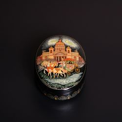 Carriage on St. Isaac's Square St Petersburg lacquer box Russian decorative art