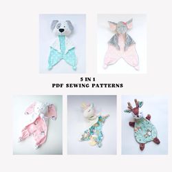 SET of 5 sewing patterns Puppy, Elephant, Unicorn, Deer and Bunny loveys