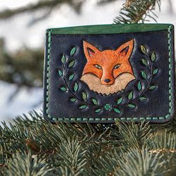 Compact fantasy wallet with red fox. Leather card holder with fire fox and fall leafes. Cute gift for fox's lovers.
