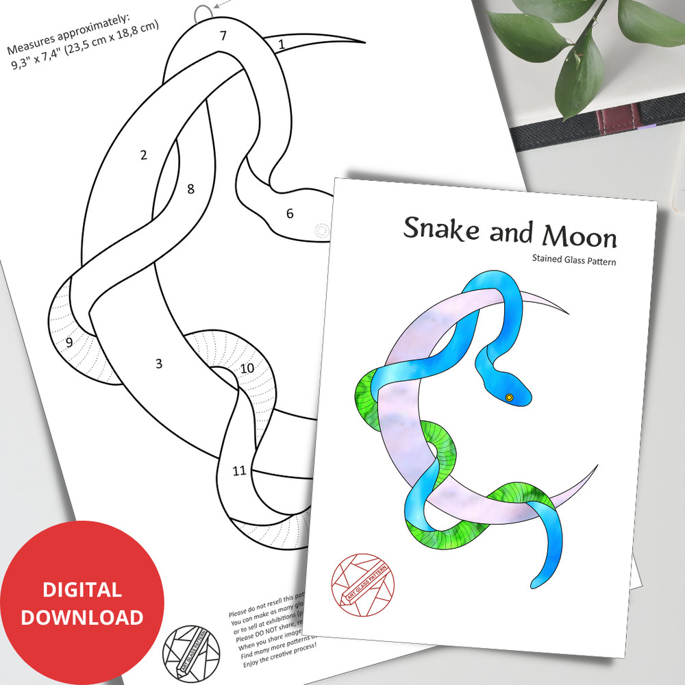 Stained-glass-suncatcher-pattern-Snake-wrapped-around-the-moon-Digital-Download-PDF