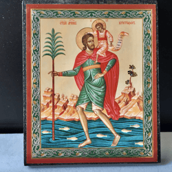 Saint Christopher |  Gold and Silver foiled icon lithography mounted on wood | Size: 3 1/2" x 2 1/2"