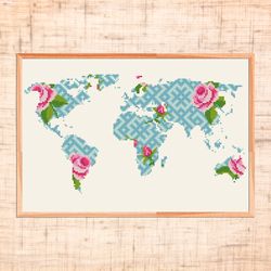 Modern cross stitch World map cross stitch pattern Geometric cross stitch Floral embroidery Planet cross stitch Map