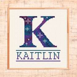 monogram cross stitch pattern galaxy letter k cross stitch baby name cross stitch space nursery cross stitch customizabl