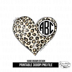 leopard print circle monogram heart sublimation png design