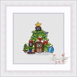 Christmas tree. Fairytale houses. Cross stitch pattern pdf & css