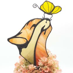 suncatcher cat plant stake, lucky cat stained glass suncatcher, yard stake butterfly, stained glass panel