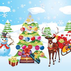 happy snowman with decorated christmas tree, snowy winter scene