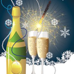 champagne bottle, two glasses and sparkler on blue background with snowflakes