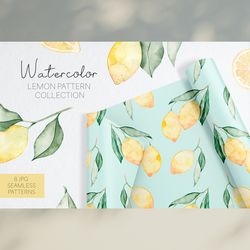 Watercolor Lemon Seamless Pattern / Lemon Digital Paper Pack / Citrus Pattern / Scrapbook Paper / Digital Download