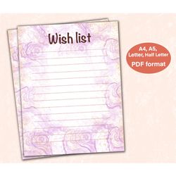 Wish list Template, Printable Wish list, Wish list Page, Wish list Printable, Printable Planner, Instant Download, Digit