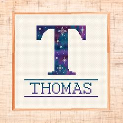 Monogram cross stitch pattern Modern cross stitch Letter T cross stitch Baby name cross stitch Space Galaxy cross stitch