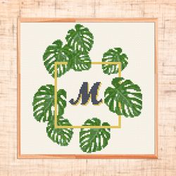 monogram cross stitch pattern monstera cross stitch customizable letter cross stitch floral palm leafs cross stitch pdf