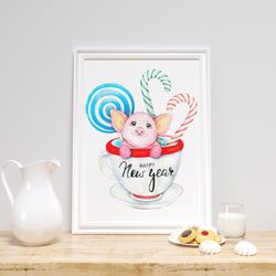 Mini pig new year illustration. Candy New Year. Digital printable poster