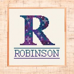 Monogram R cross stitch pattern, Letter cross stitch, Galaxy Family name Customizable cross stitch