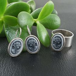 Lady Cameo Jewelry Set Gray Black and White Minimalist Classical Silver Girl Cameo Earrings and Ring Jewelry Set 7313