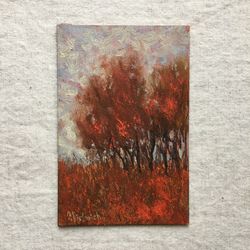 Small landscape original painting red trees painting oil art paintings moody painting miniature painting