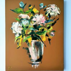 Modern Floral Art Original Oil Painting Peonies Painting Flowers in a Vase Canvas Art Abstract Painting 20 x 16 inch