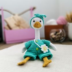 Cute goose girl,white duck toy,crochet birds, duck baby shower gift,donut duck