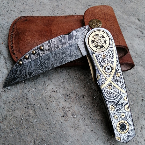 Hand Engraved Pocket Knife For Men, Groomsmen Damascus Folding Knife, Groomsmen gifts, Christmas Gift, Wedding Gifts
