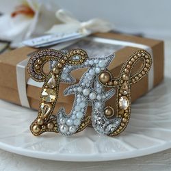 Custom Name Pin Handmade. Gold Embroidered Letter Brooch. Initial Pin.Customized Gifts