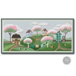 Cross Stitch Pattern Spring Village, Apple Blossoms - Modern Cross Stitch, Embroidery Digital PDF File 256