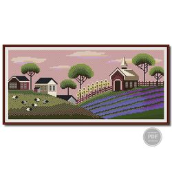 Cross Stitch Pattern Summer Village, Lavender, Modern Cross Stitch, Embroidery Digital PDF File 257