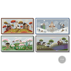 Cross Stitch Pattern Sampler 4 seasons pattern set Village Embroidery Digital PDF File 258